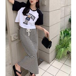 Drawstring Striped Midi Pencil Skirt