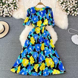 Floral Print A-line Maxi Dress Blue - One Size