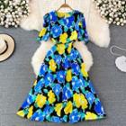 Floral Print A-line Maxi Dress Blue - One Size