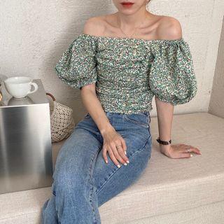 Puff-sleeve Floral Printed Ruffled Cropped Top