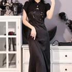 Set: Spaghetti-strap Slit Midi Sheath Dress + Short-sleeve Shrug