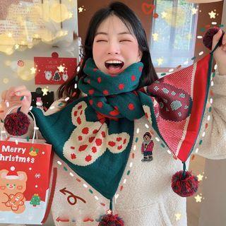 Christmas Print Scarf Green & Red - One Size