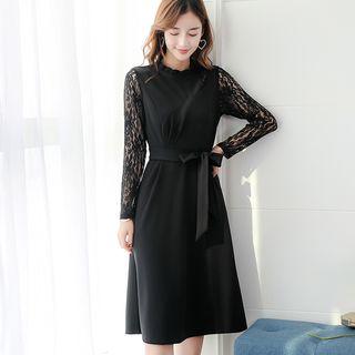 Lace-panel A-line Dress With Sash