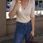 Short-sleeve V-neck Knit Top Milky White - One Size