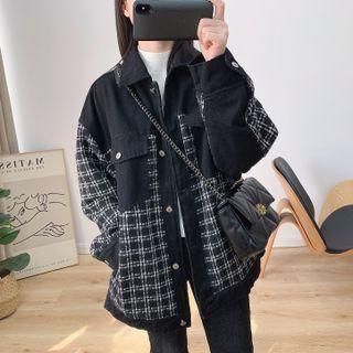 Plaid Panel Padded Denim Jacket Black - One Size