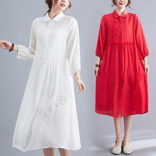 3/4-sleeve Floral Embroidered Shirt Dress