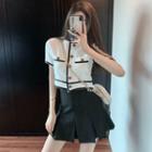 Contrasted Light Cardigan / High-waist Pleated Mini Skirt