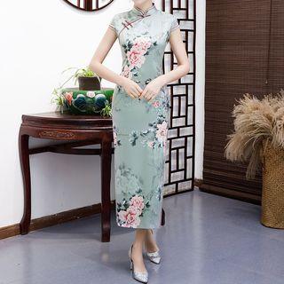 Short-sleeve Flower Print Midi Qipao