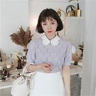 Contrast-collar Puff-sleeve Lace Blouse