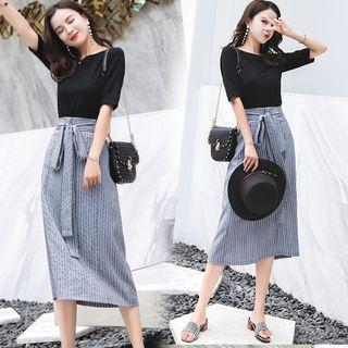 Set: Plain Short-sleeve T-shirt + Striped High Waist Midi Skirt