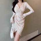 Long-sleeve V-neck Asymmetrical Mini Sheath Dress