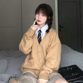 Long-sleeve Tie-neck Shirt / Cardigan / Plaid Mini A-line Skirt