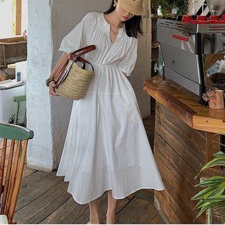 V Collar Plain Dress