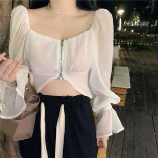 Off-shoulder Zip-up Crop Blouse