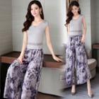 Set: Cap Sleeve Plain Top + Floral Print Wide-leg Pants