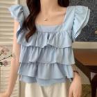 Cap-sleeve Ruffle Trim Flowy Blouse