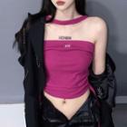 Letter Embroidered Drawstring Cropped Halter Top