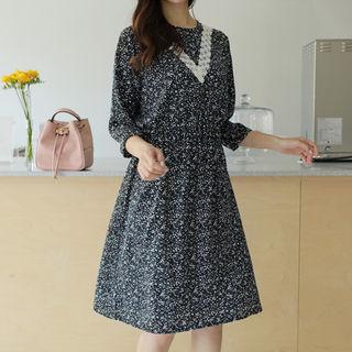 Lace-trim Tie-waist Floral Print Dress
