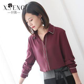 Long-sleeved Color-block Loose-fit Collared Straight Chiffon Blouse