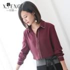 Long-sleeved Color-block Loose-fit Collared Straight Chiffon Blouse
