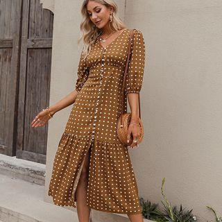 Elbow Sleeve Polka Dot Buttoned A-line Dress