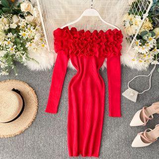 Long-sleeve Frill-trim Knit Sheath Dress
