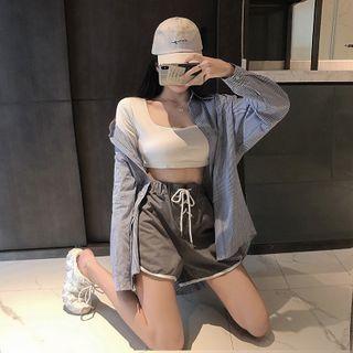 Long-sleeve Striped Shirt / Short-sleeve Cropped T-shirt / Drawstring Shorts