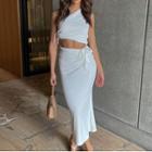 Set: One-shoulder Drawstring Crop Top + Drawstring Midi Pencil Skirt