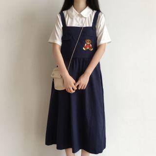 Short-sleeve Shirt / Embroidered Midi A-line Jumper Dress
