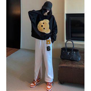 Embroidered Loose Sweatshirt / Slited Wide-leg Sweatpants