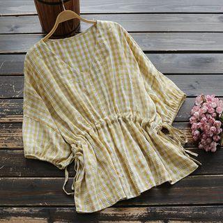 Gingham Elbow-sleeve Drawstring Waist Blouse