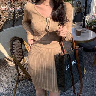 Long-sleeve Bow Plain Knit Sweater / Plain Knit Skirt