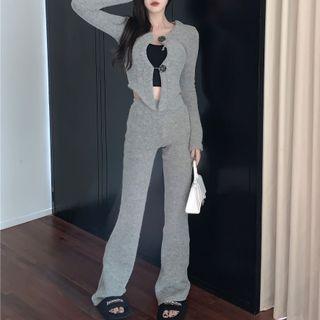 Asymmetrical Button-up Knit Crop Top / Bootcut Pants