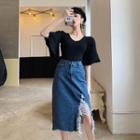 Bell-sleeve T-shirt / Midi Ripped Denim Skirt