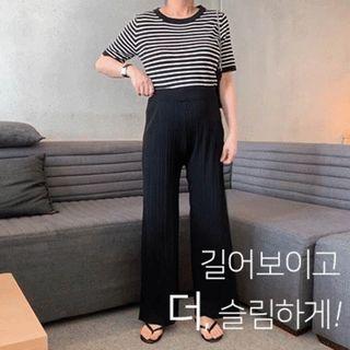 Set: Striped Knit Top + Ripped Wide-leg Pants