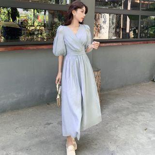 V-neck Plain Mesh A-line Dress