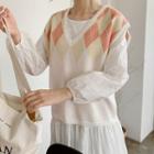 Sleeveless Argyle-patterned Knit Top Ivory - One Size
