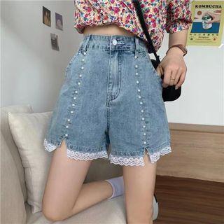 Lace Trim High Waist Denim Shorts
