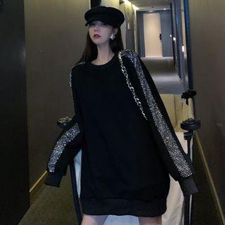 Long-sleeve Rhinestone Sweatshirt Black - One Size