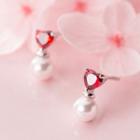 925 Sterling Silver Rhinestone Faux Pearl Earring 1 Pair - S925 Silver - Red & White - One Size