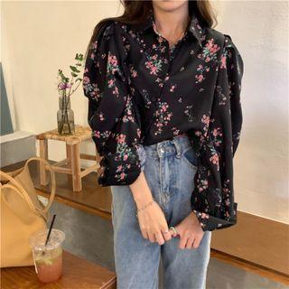 V-neck Floral Cropped Long-sleeve Top