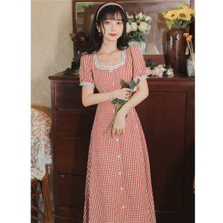 Gingham Square-neck Midi A-line Dress