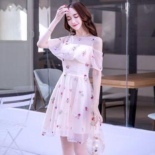 Short-sleeve Cold Shoulder Embroidered Mesh A-line Dress
