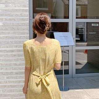 Square-neck Tie-waist Pattern Dress Light Olive Green - One Size