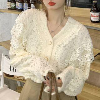 V-neck Lace Puff-sleeve Cardigan Almond - One Size