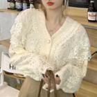 V-neck Lace Puff-sleeve Cardigan Almond - One Size
