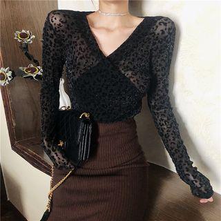 Leopard Print V-neck Long-sleeve Slim-fit Top