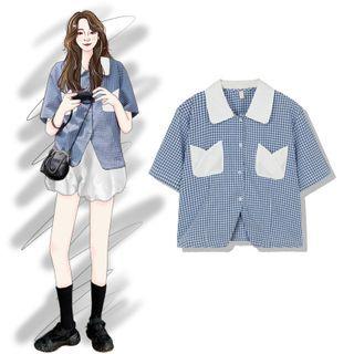 Short-sleeve Gingham Blouse Blue - One Size
