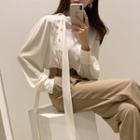 Tie Accent Long-sleeve Plain Blouse / High-waist Straight Cut Dress Pants