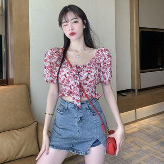 Floral Puff-sleeve Cropped Blouse / Shirred Mini A-line Dress